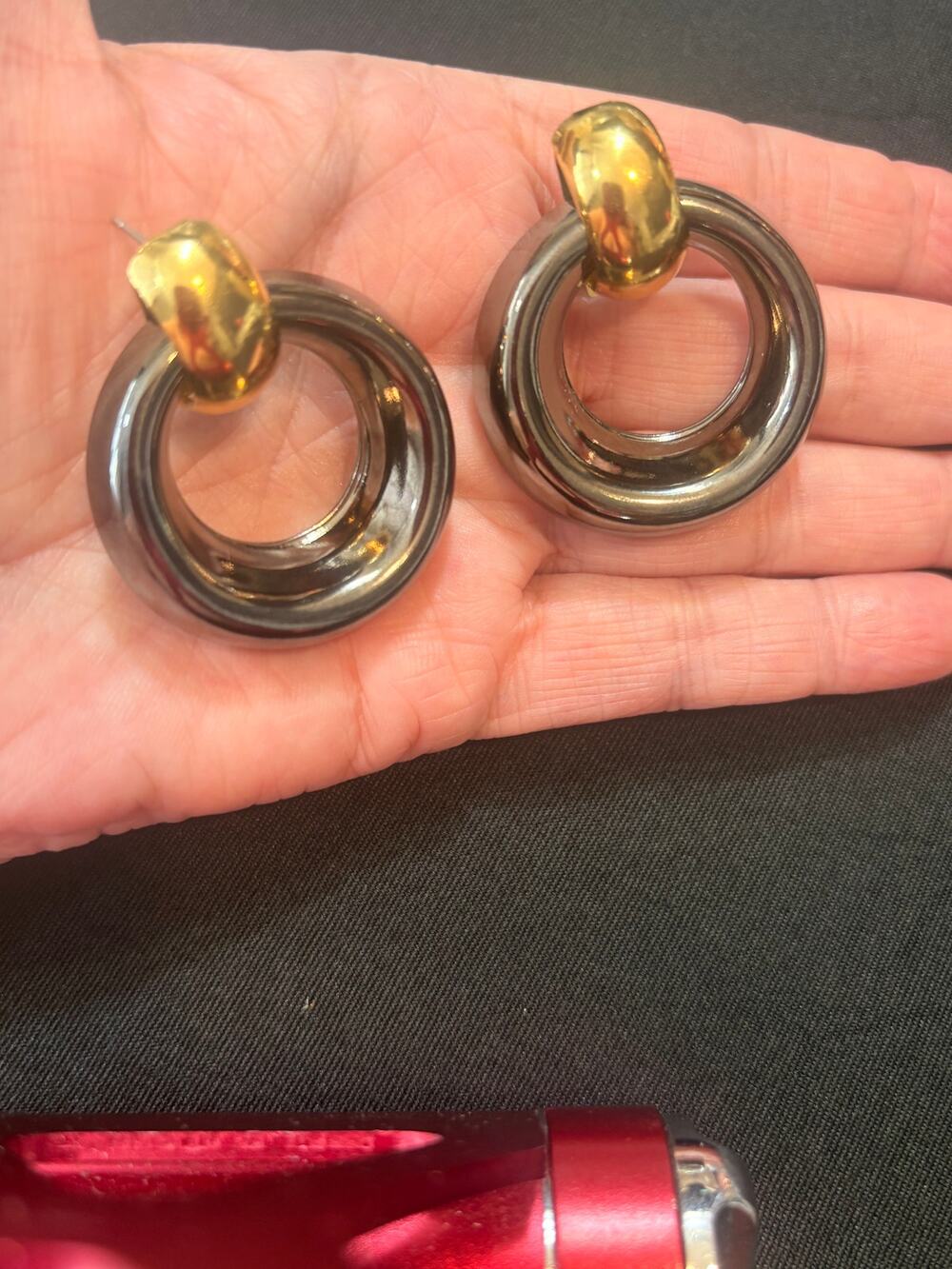 Vintage Door Knocker Earrings Gold Tone Black Metal Statement 1980s